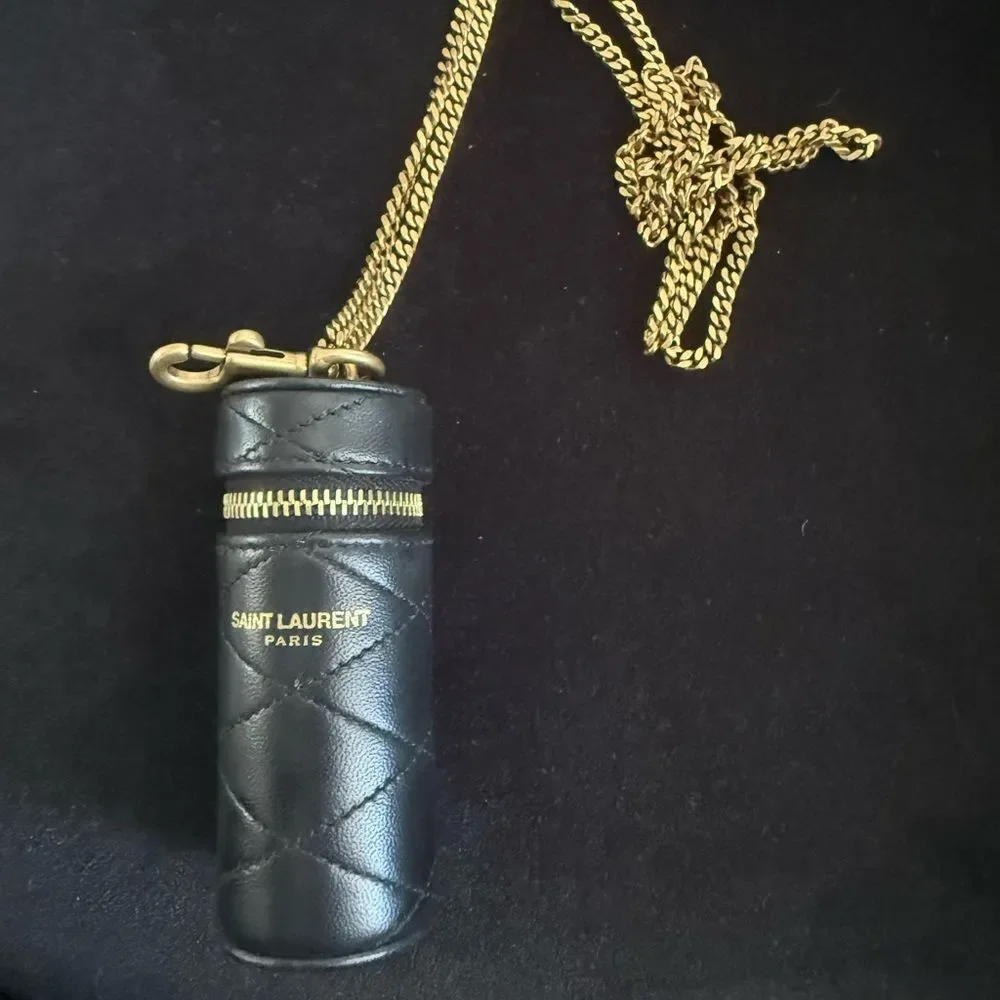 NWT Saint Laurent Black Quilted Leather Keychain Holder/ necklace  lipstick bag